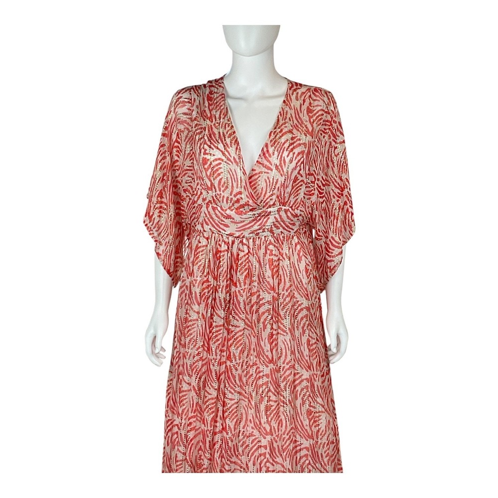 La Plage Jaipur Maxi Dress Women's Size S Red Print‎ Kimono Sleeve V Neck - Picture 3 of 12